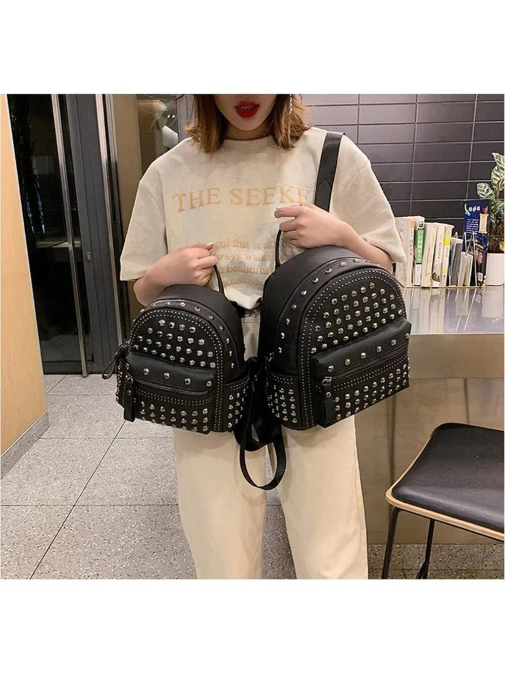 Stylish Black Faux Leather Studded Motorcycle Biker Backpack Purse - Gothic